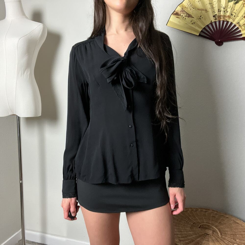 vintage black silk minimalist lace trim classy bow tie blouse shirt top